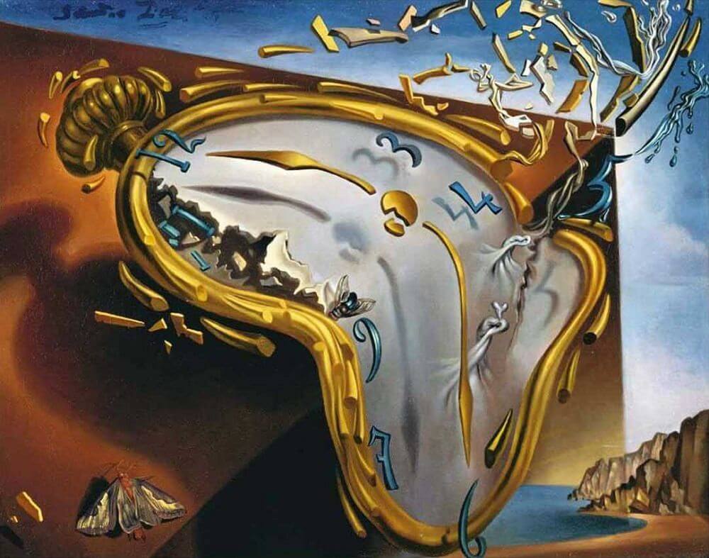 Dali's Melting Watch painting, showing a distorted watch with the numbers and metal pieces flying off.