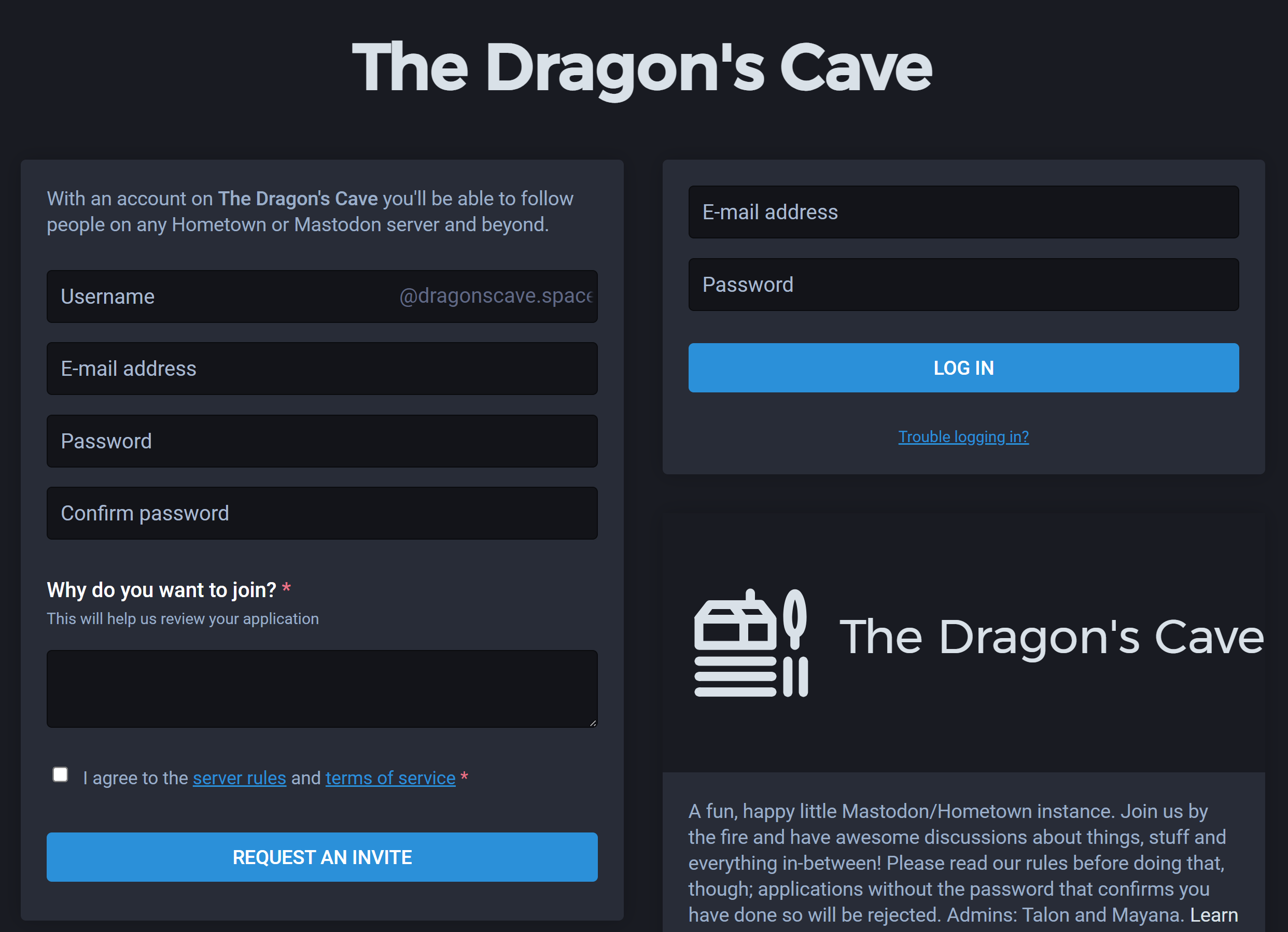 The Dragon's Cave signup page linked above, with a heading of the server name, to the left immediately after the heading is the signup form described below; to the right is a login form, followed by a brief text description of the server.