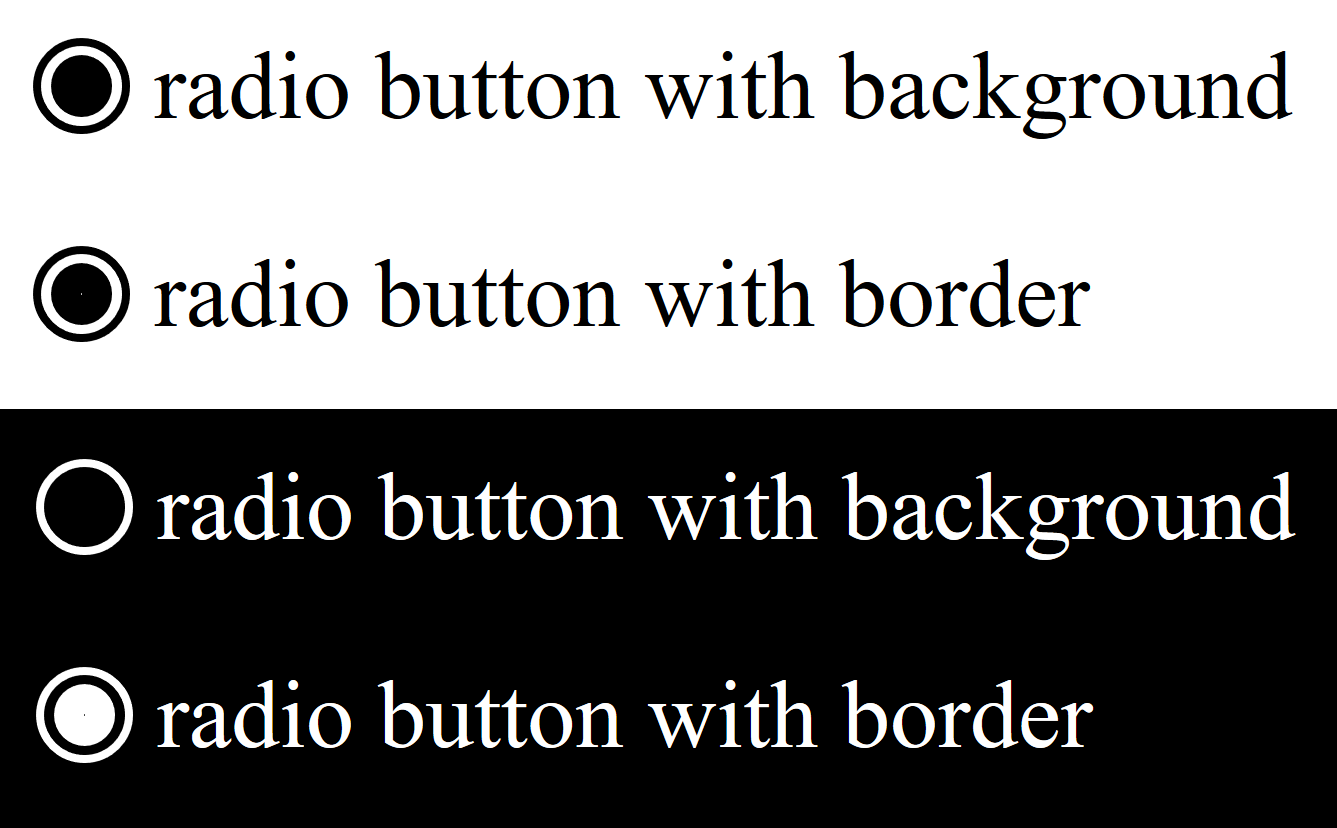 Two selected radio buttons shown side-by-side in and out of HCM. One of the radios selected indicator shows up in high contrast mode, and the other does not.