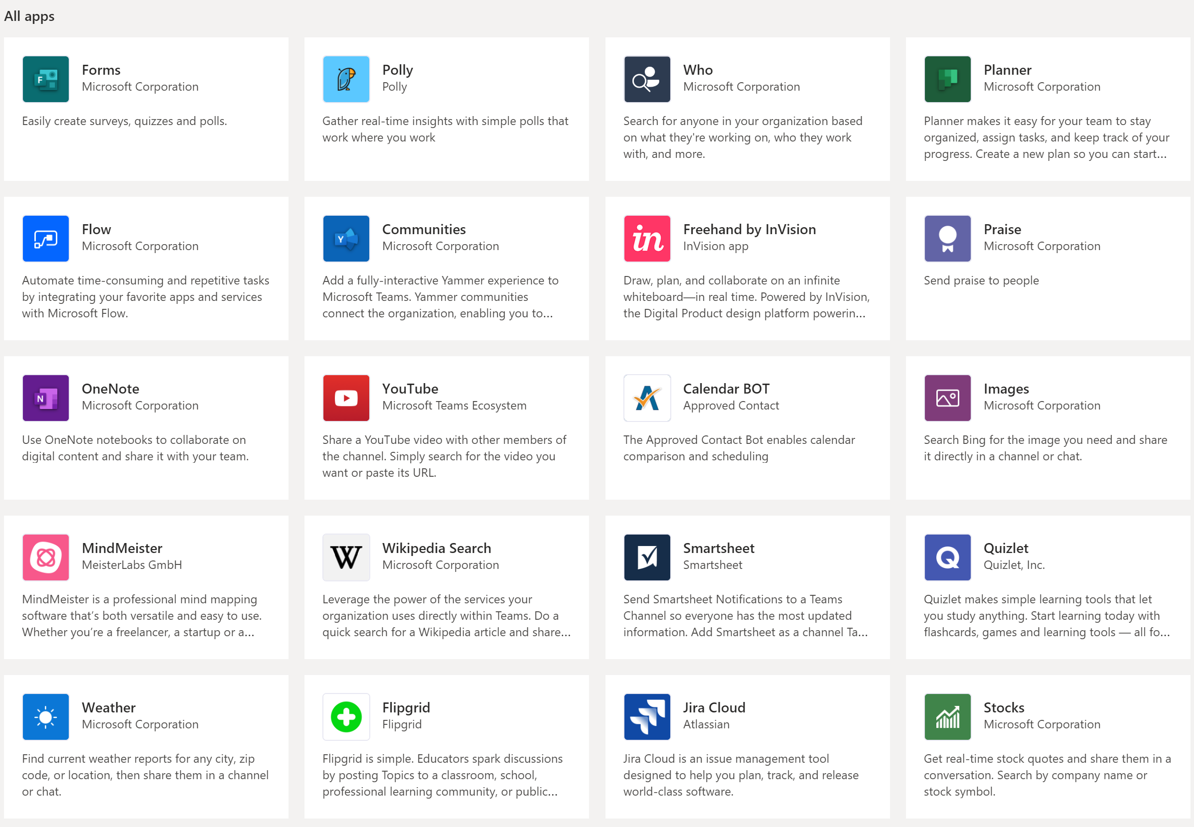 A screenshot of the Apps tab in Microsoft Teams, with a list of available apps laid out visually in a grid pattern.