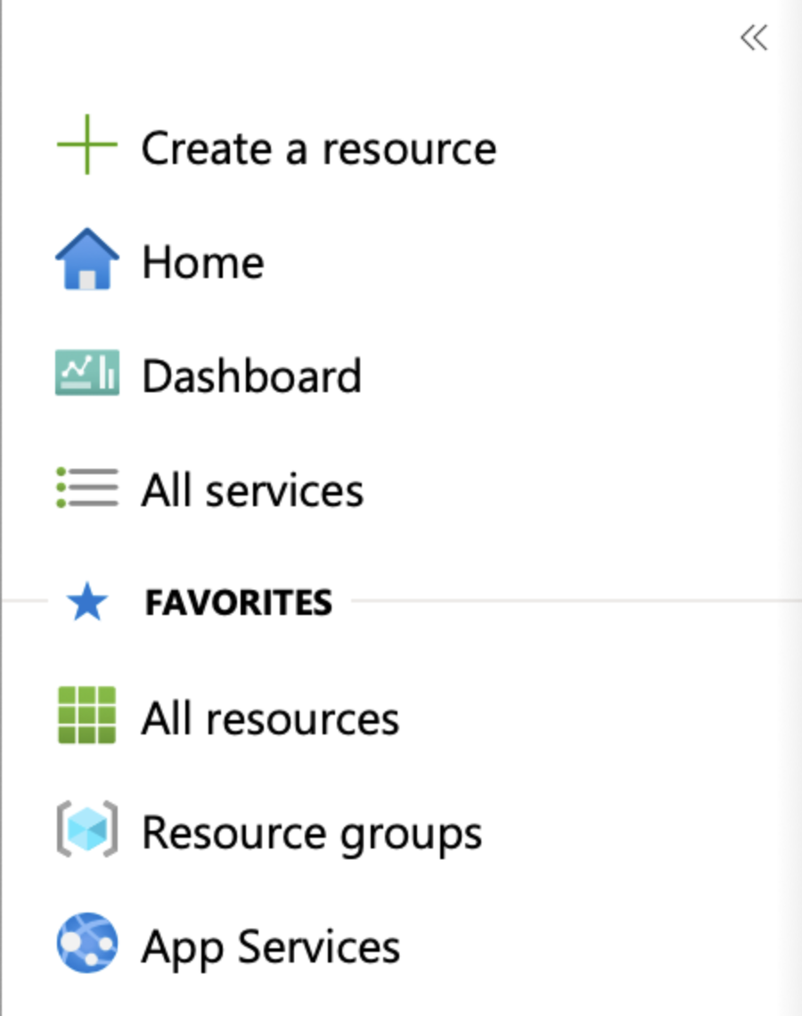 An unidentified app's navigation, but it's actually just azure portal. Each item has an icon and text. The items are: create a resource, home, dashboard, all services, all resources, resource groups, and app services.