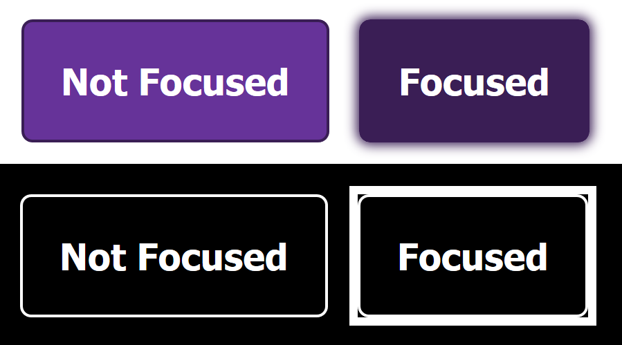 A side-by-side comparison of background and box-shadow styles out of high contrast mode, and an outline in HCM