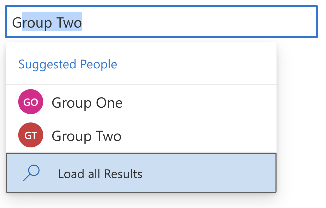 A screenshot of an open combobox with two options, group one and group two. Below the two options in the popup is a highlighted option with the text Load all results.