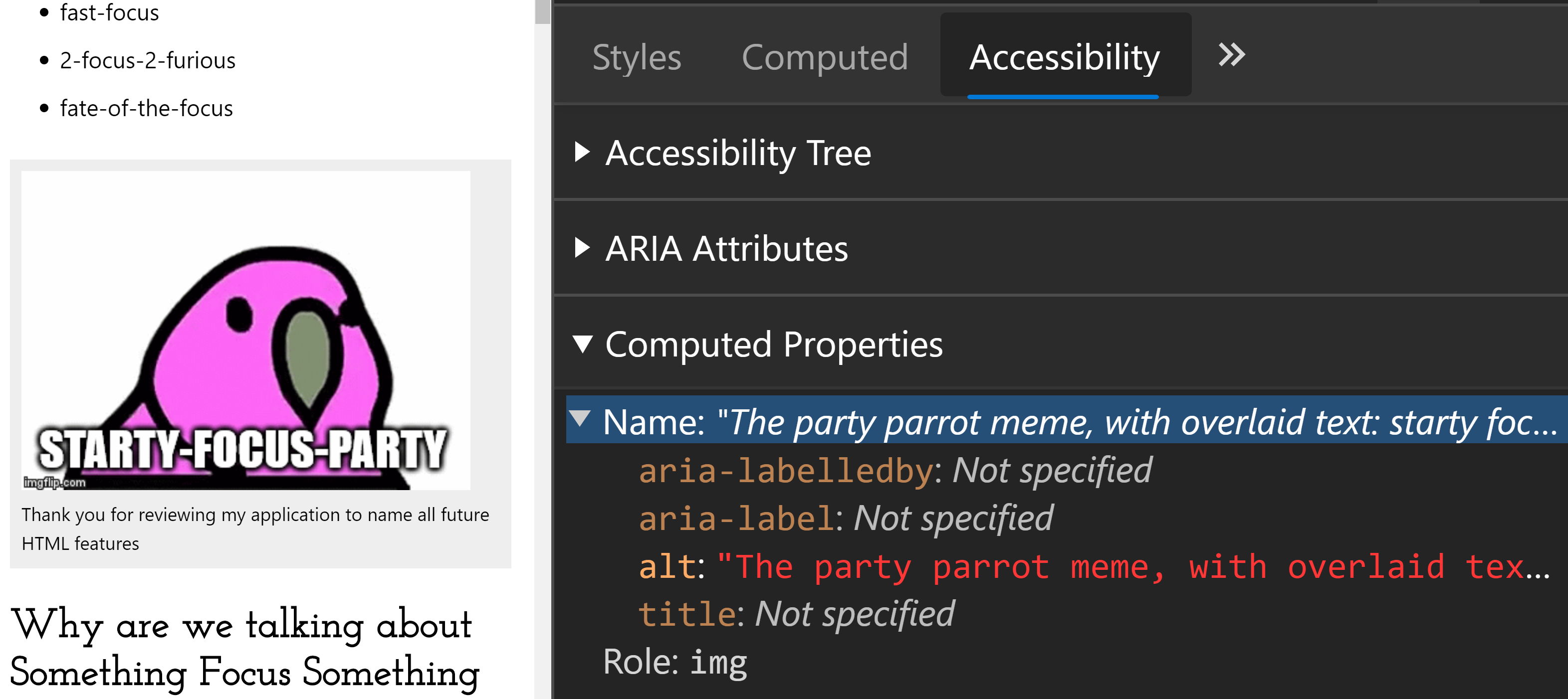 the same party parrot screenshot, with the computed name in dev tools expanded to show the alt attribute defined underneath