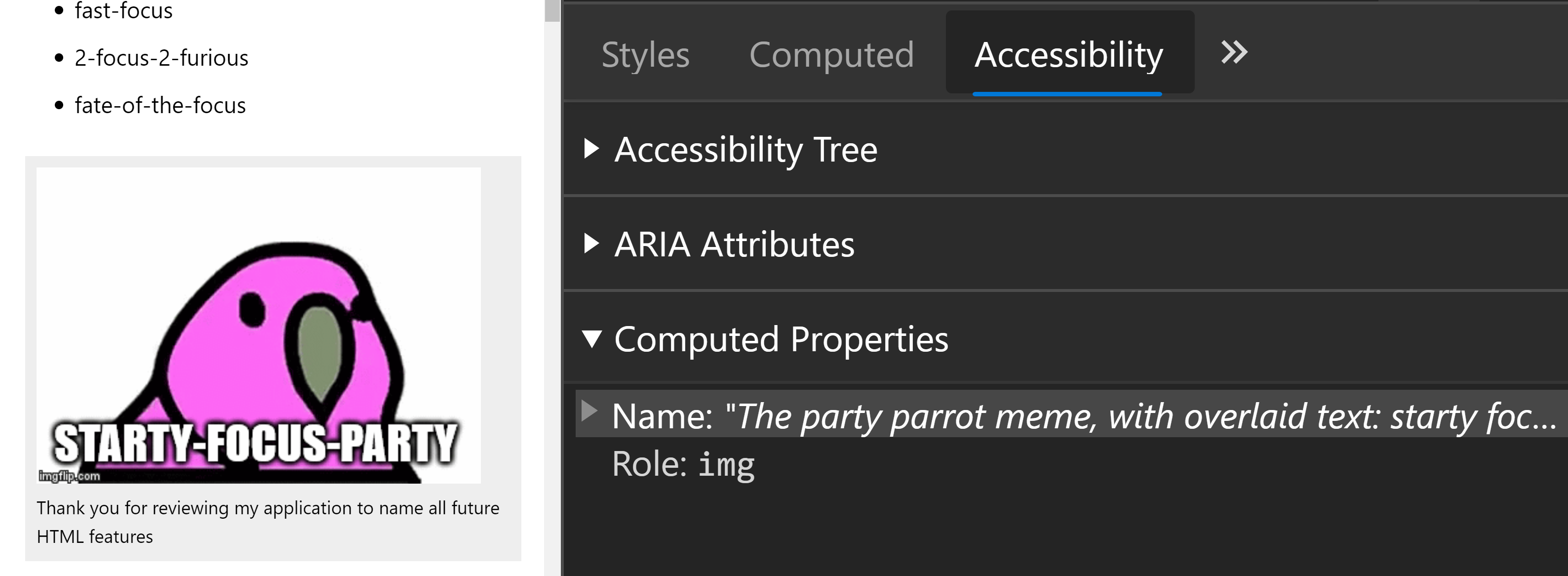 A screenshot of a party parrot meme in a previous article, next to the dev tools pane showing computed name and role