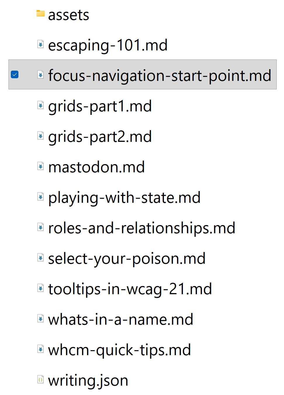 A screenshot of file explorer's file list view, showing an assets folder followed by a list of markdown files roughly corresponding to blog posts on this site. This view of file explorer shows only the folder or file name, no other details.