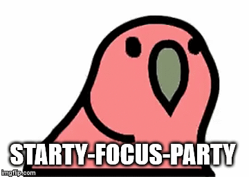 The party parrot meme, with overlaid text: starty focus party