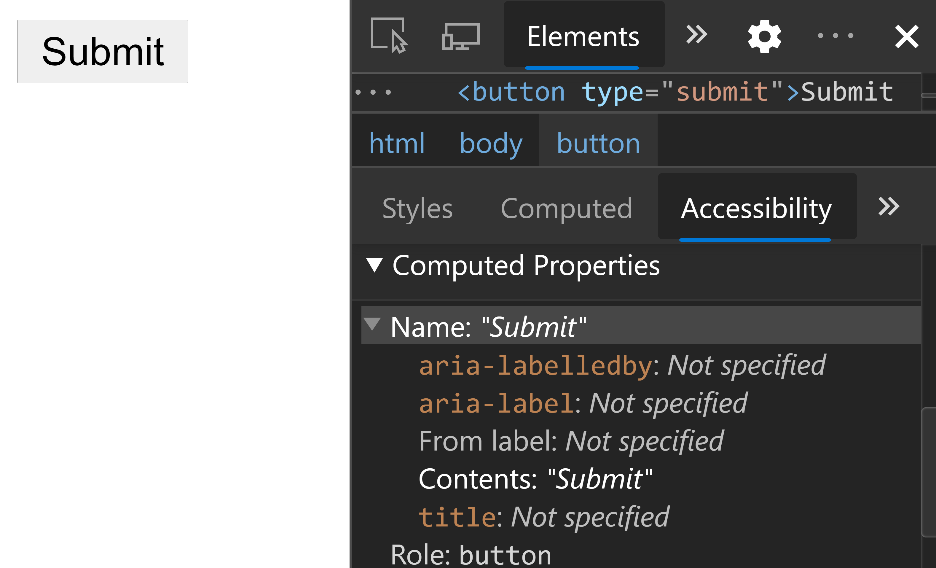 Edge's accessibility developer tools show the submit button's name is Submit, and that the name comes from its contents