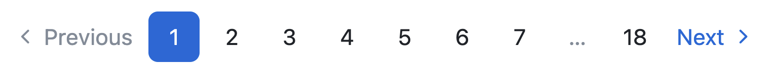 A screenshot of a horizontal pagination with 18 pages total. It displays the first 7 page numbers, a ... button, and the 18th page number. There are previous and next buttons before and after the numbers.