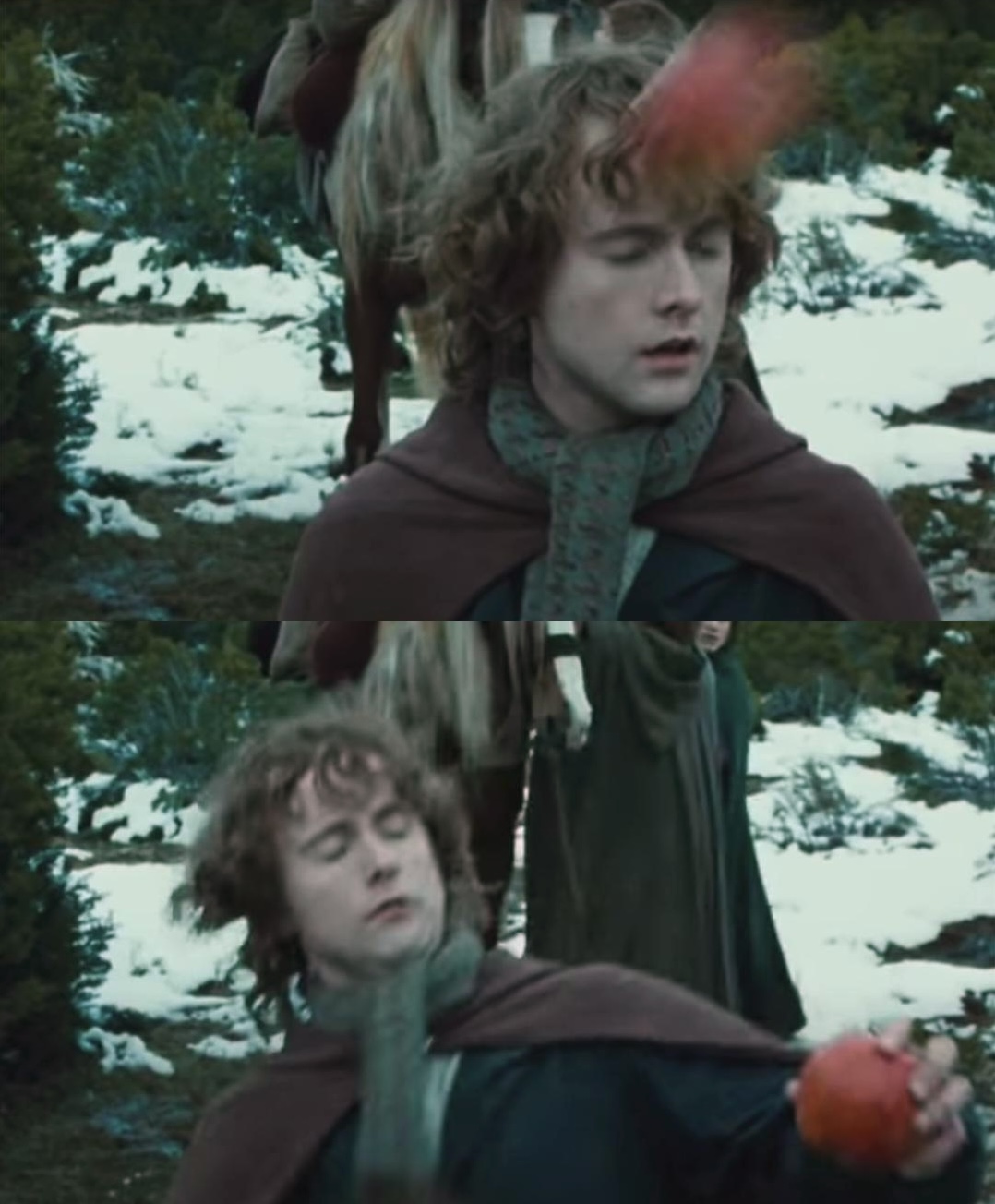 A two-frame still of Pippin getting hit in the head with an apple after asking for second breakfast