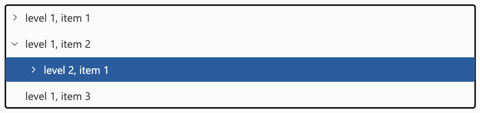 Screenshot of a generic tree with placeholder item labels like level 2, item 1. The tree has a thick black focus outline around the entire thing, and one tree item is highlighted with a dark blue background and white text.